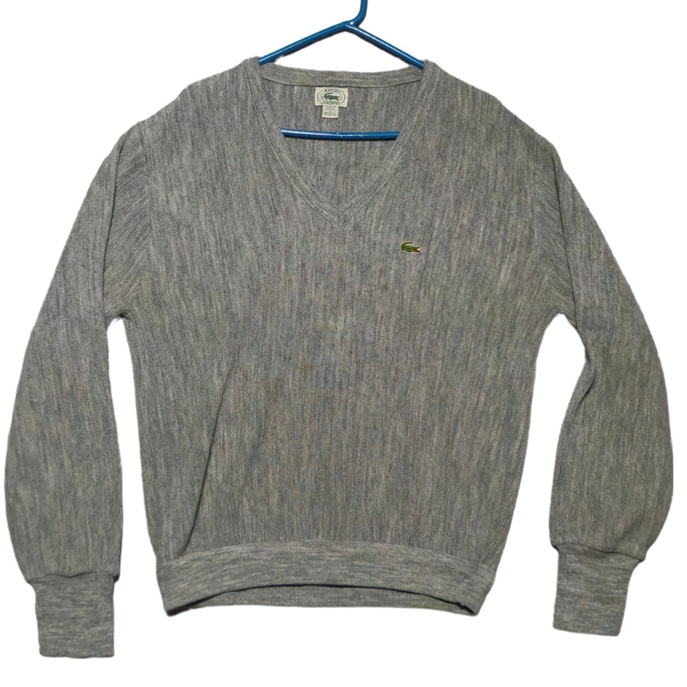 Izod Lacoste Sweater Mens Large Gray Vintage 90s V-Neck Orlon Acrylic USA